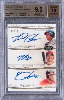 2014 Topps Tier One "Triple Autographs" #TA5 Mike Trout/Bryce Harper/Miguel Cabrera Multi Signed Card (#09/10) – BGS GEM MINT 9.5/BGS 10